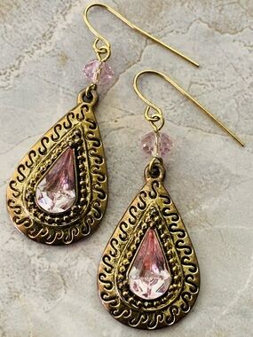 Pink Teardrop Crystal Drop Ethnic Earrings